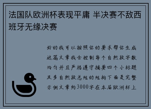 法国队欧洲杯表现平庸 半决赛不敌西班牙无缘决赛