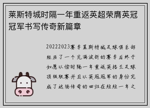 莱斯特城时隔一年重返英超荣膺英冠冠军书写传奇新篇章 莱斯特城时隔一年重返英超荣膺英冠冠军书写传奇新篇章